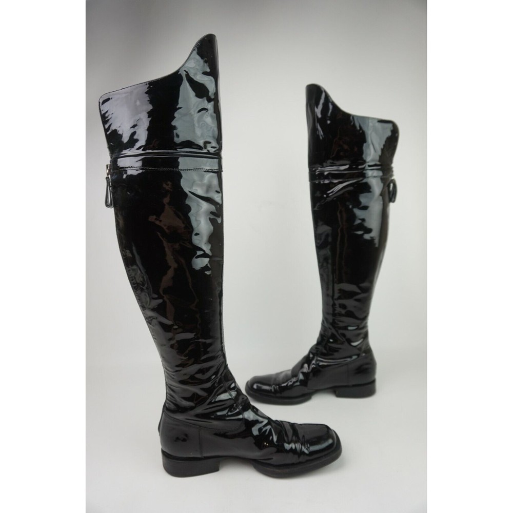 Chanel Women's Black Patent Leather Over The Knee CC Boots Size 36 - Picture 5 of 12